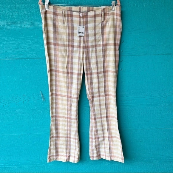 FREE PEOPLE THE WAY YOU MOVE NEUTRAL PLAID LINEN FLARE PANTS SIZE 10 NWT - Picture 3 of 11